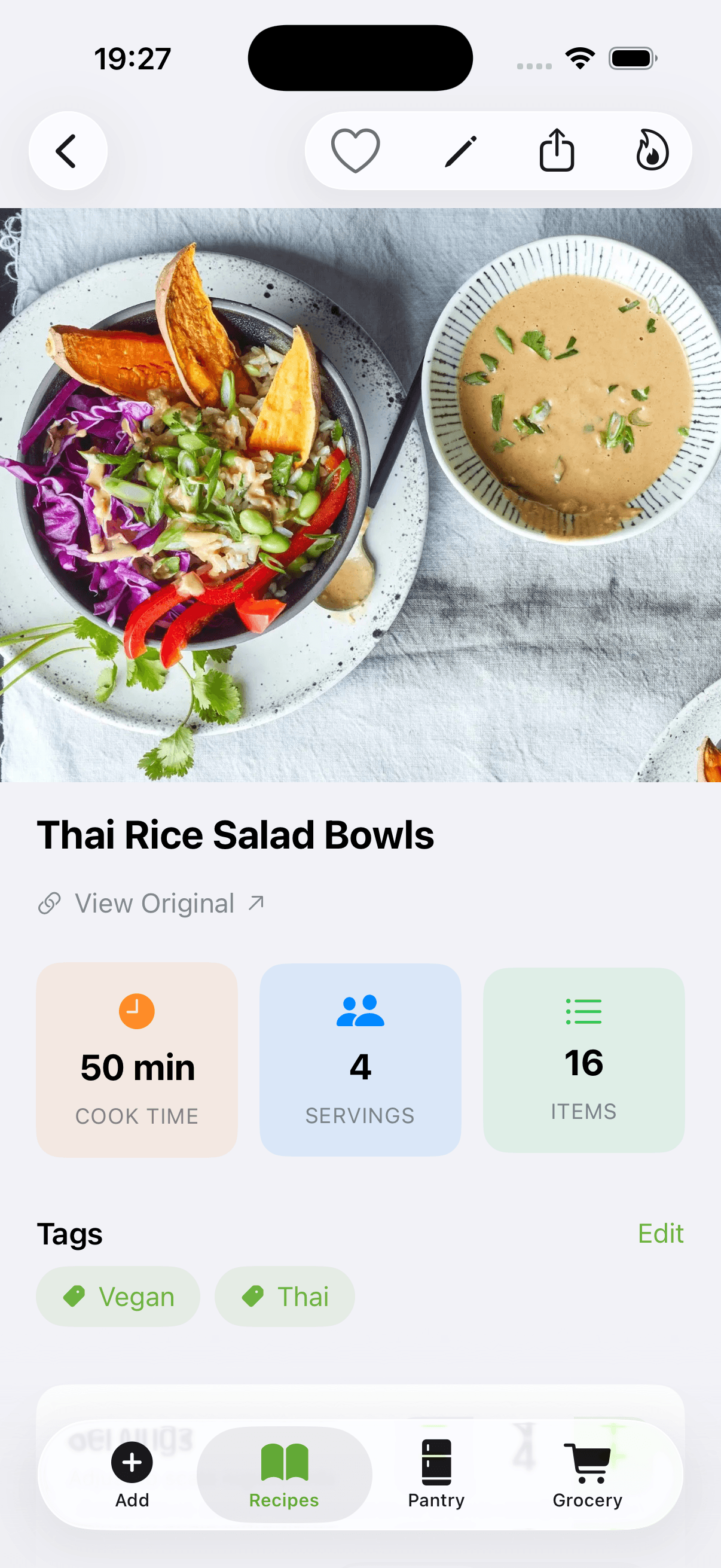 CookFlic app — recipe details with photo, cook time, and ingredients
